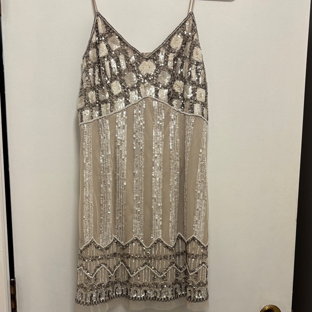 Aidan by Aidan Mattox Silver and White Sequence and Beaded Dress